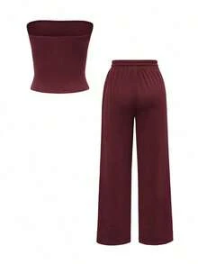 Conjunto de 2 piezas de ropa de otoño Vaiaye: Top corto ajustado y sexy sin tirantes, camiseta básica de unicolor elástica y ajustada, top tipo bandeau para yoga; Conjunto de pantalones para primavera/verano - Morado - Ver 4