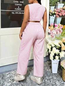 Enterizo casual sin mangas de talla grande con cuello en V y estampado de rayas con botón de un solo pecho - Rosa - Ver 2