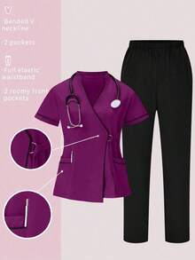 Conjunto de uniformes médicos: Parte superior de cuello en V de manga corta y pantalones para trabajadores de la salud - Rojo violeta - Ver 9