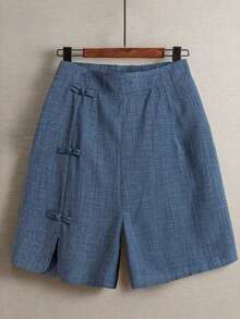 Pantalones cortos de mujer talla grande, casuales, para ir al trabajo o salir, con diseño de abertura redonda, cintura elástica y decoración de nudo chino con botones - Azul - Ver 7