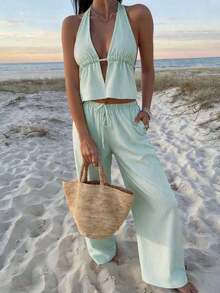 2 piezas Conjunto de top corto bandeau con volantes y pantalones de pierna ancha a rayas de Vaiaye, conjunto de camisola de lino a rayas de cuello en V profundo y pantalones casuales sueltos con cordón, conjunto sexy, lindo y elegante romántico de verano, algodón rastreable - verde claro - Ver 11