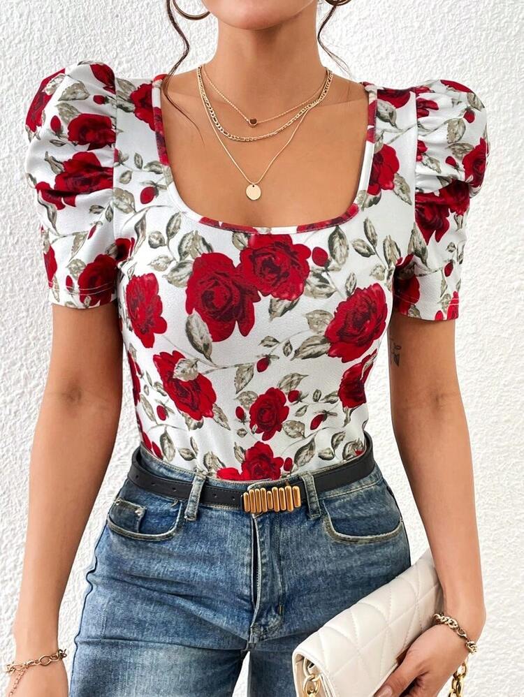 Camiseta con estampado floral de manga farol - Rojo - Añade 2