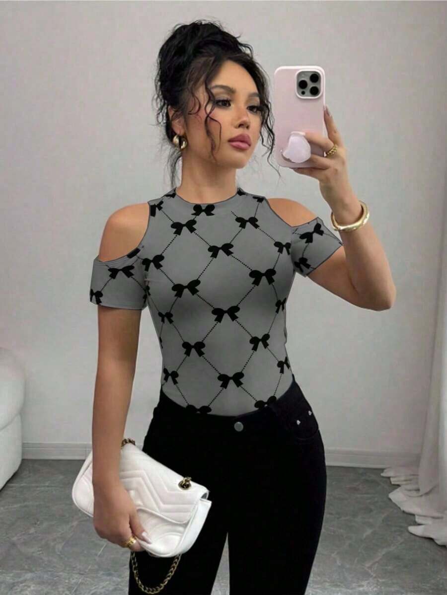 de mujer con hombros abiertos y manga corta, de moda para el verano - Gris - Ver 1
