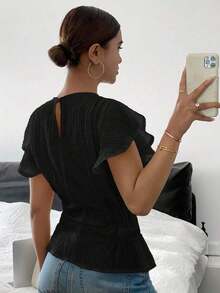Blusa de mujer de cuello redondo liso, con mangas con volantes y cintura ceñida - Negro - Ver 2