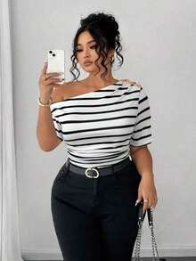 Blusa de hombros descubiertos elegante y versátil de moda casual para mujeres de talla grande - Blanco y Negro - Ver 7