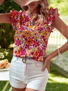 Camisa casual versátil de uso diario con estampado floral y pliegues para mujer - Multicolor 2 - Ver 5