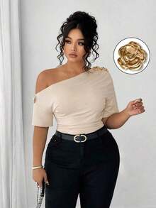 Blusa de talla grande para mujer elegante, personalizada, de moda, versátil, con un solo hombro, adecuada para uso diario - Albaricoque - Ver 9