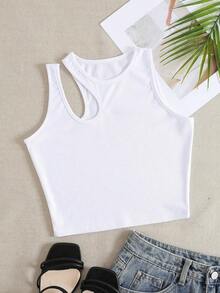 Top Sin Mangas De Punto Acanalado Con Hombro Cortado Sólido Para Verano - Multicolor - Ver 6