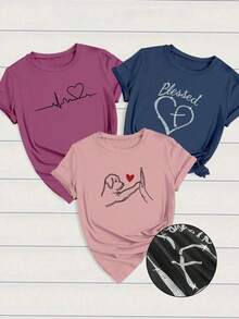 Set de 3 camisetas gráficas de manga corta casuales para mujer con diseños de corazón y gráfico ECG - Multicolor 3 - Ver 1