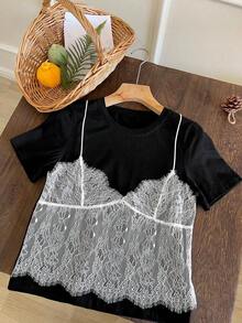 Camiseta de salida con bloque de color y encaje de contraste 2 en 1 - Negro - Ver 4