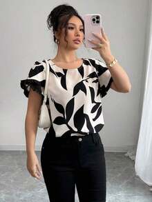 Blusa suelta de manga corta con cuello redondo, borde en contraste y estampado aleatorio, elegante para uso cotidiano, casual y vacaciones - Albaricoque - Ver 7