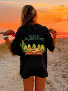 Camiseta Gráfica Vintage con Diseño de Familia de Aguacates, Lindo Patrón de Avocados Familiares y Tacos Mexicanos con Cactus, Camiseta Oversized Casual de Streetwear para Mujer, Perfecta para Uso Diario, Playa, Fiesta o Regalo, Ajuste Cómodo de Verano - Negro - Ver 6