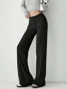 Pantalones casuales rectos y holgados de cintura elástica de unicolor para mujeres - Negro - Ver 3