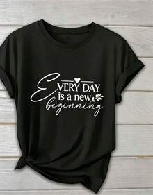 Women's Casual Short-Sleeved T-Shirt, Single Garment, Not A 3-Piece Set. This One-Piece T-Shirt Is Suitable For Streetwear. The Oversized Crew Neck Top Is Perfect For Everyday Outings, Camping, Concerts, Hip-Hop, Rock, And Rap Events. It Features A Print With The Message "I'm With You, Take A Deep Breath And Start Again, Every Day Is A New Beginning." Made Of Pure Cotton, This Breathable, Casual, Sporty T-Shirt Makes A Great Gift For The Holidays. - 黑色 - 查看 2