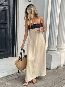 Vestido midi de vacaciones sin tirantes con parches de encaje y contraste de color para mujer - Albaricoque - Ver 8