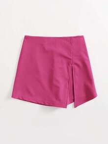 Falda corta con cintura elástica y abertura frontal - Rosa Fucsia - Ver 3