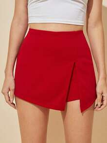 Falda corta con cintura elástica y abertura frontal - Rojo - Ver 6