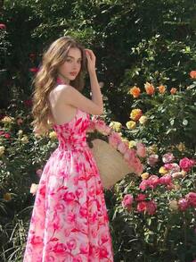 Vestido de mujer de moda con estampado total, cuello halter y lazo en la cintura, de largo medio - Rosa Fucsia - Ver 5