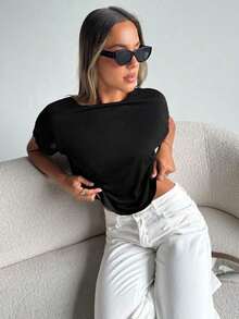 Camiseta gris de verano casual para mujer con escote trasero y nudo trenzado - Negro - Ver 5