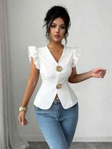 Flora Isola Cárdigan elegante de mujer con cuello en V y decoración de hebilla metálica, cintura ajustada y mangas con volantes, blusa refinada para damas - Blanco - Ver 4