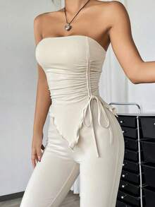 Conjunto de dos piezas con top asimétrico bandeau fruncido de unicolor y pantalones acampanados para mujer - Albaricoque - Ver 2
