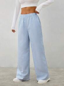Pantalones casuales de pierna ancha a rayas para mujeres para ir al trabajo - Azul y blanco - Ver 5