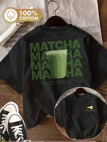 Top de verano para mujer, moderno e informal, con estampado de doble cara, diseño fácil, estampado de taza de matcha, camiseta de manga corta pura con cuello redondo - Negro - Ver 7