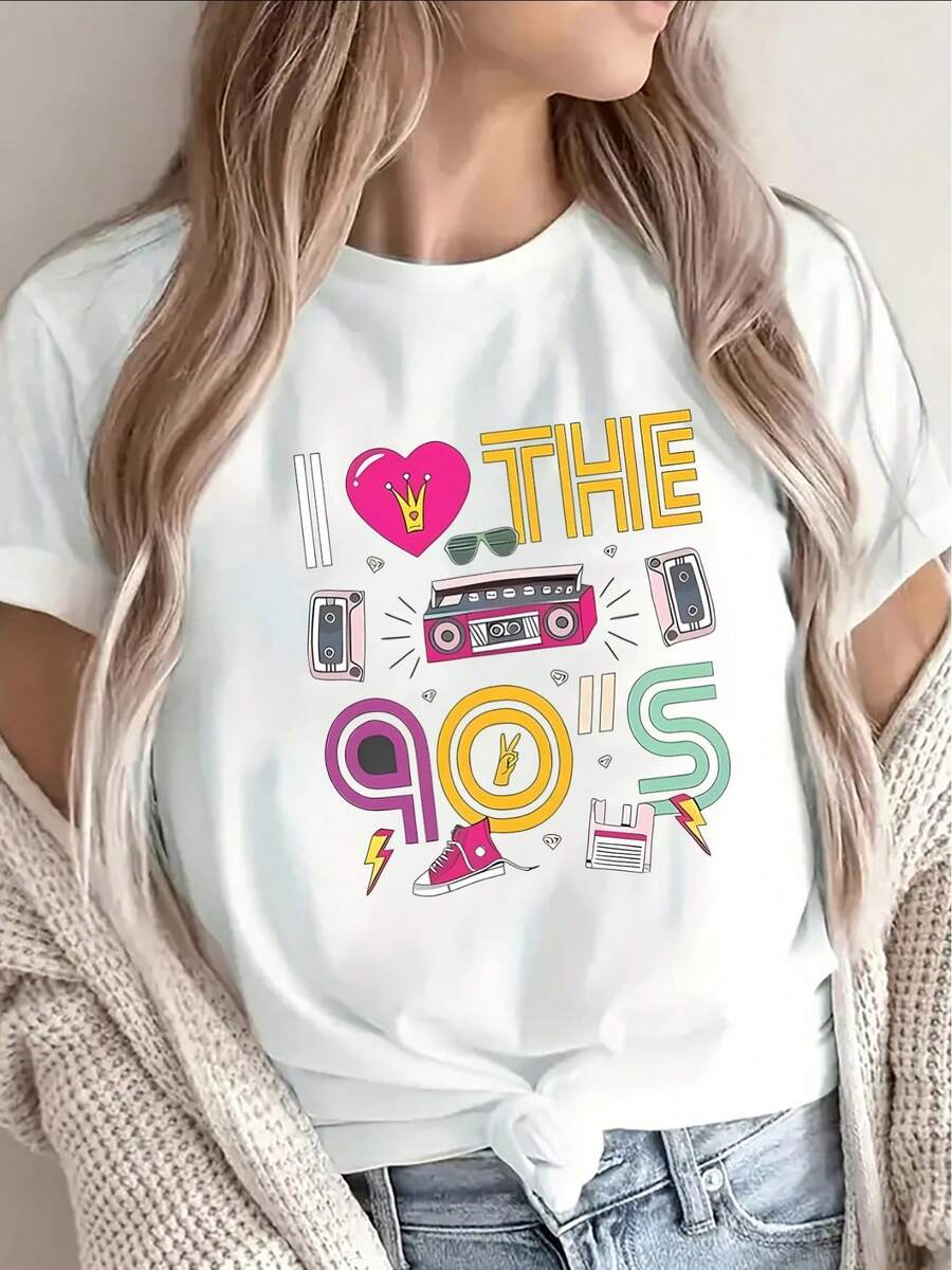 Women's Clothing Women's Casual Short-Sleeved T-Shirt With 90s Retro Design, Ideal For Parties And Everyday Wear, Lightweight And Comfortable Women's Shirts - 白色 - 查看 1