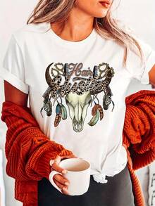 Women's T-Shirt, 100% Cotton, Vintage T-Shirts, Women's Clothing For Summer And Spring, Casual Short-Sleeved T-Shirt With Round Neck, Printed Design. - 白色 - 查看 12