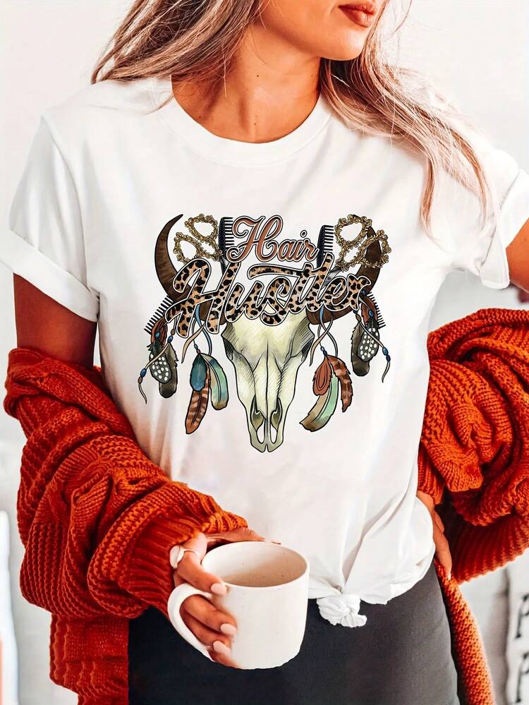 Women's T-Shirt, 100% Cotton, Vintage T-Shirts, Women's Clothing For Summer And Spring, Casual Short-Sleeved T-Shirt With Round Neck, Printed Design. - White - View 12