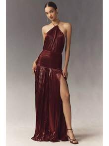 Metallic Pleated Halter Maxi Dress, Ruched Waist With Front Slit, Elegant Evening Gown For Prom & Weddings - Burgundy - View 1