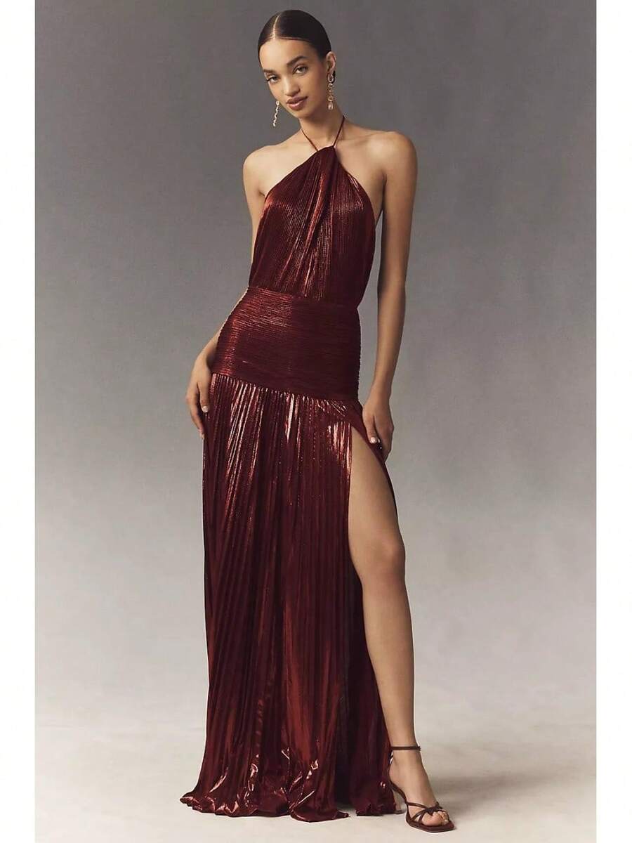 Metallic Pleated Halter Maxi Dress, Ruched Waist With Front Slit, Elegant Evening Gown For Prom & Weddings - Burgundy - View 1