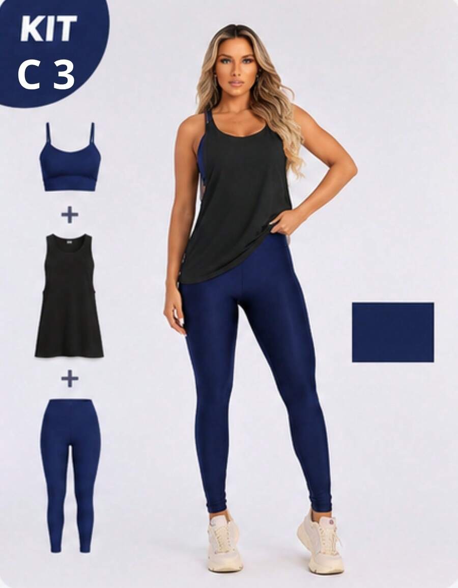 3-Piece Set Of Women's Fitness Sportswear: High-Waisted Leggings + Top With Removable Padding (Zero Transparency) + Dry-Fit Tank Top - Ideal For Workouts, Training, And Running - 藏蓝色 - 查看 1