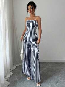 Conjunto casual de 2 piezas con top de tirantes asimétrico a rayas y pantalones de pierna ancha para mujer - Gris - Ver 4