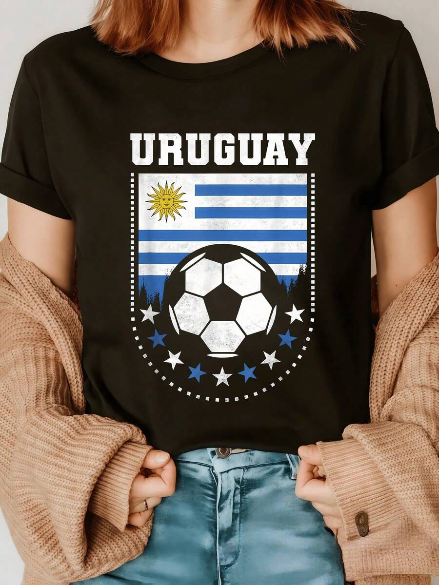 Uruguay Flag With Radiant Sun On The Blue And White Horizon Next To A Ball Surrounded By Stars That Symbolize Energy, Unity And Passion For Sport. Women's Casual Modern Comfortable T-Shirt - 黑色 - 查看 1