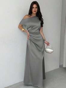 Vestido elegante asimétrico de hombro con pliegues y bajo de cola de sirena en color verde, adecuado para citas, vacaciones, bodas, eventos, regreso a la escuela, graduación, vestido de dama de honor formal, vestidos elegantes para mujer - Gris - Ver 3