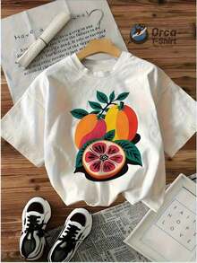 Women's Casual One-Piece Summer Outfit - Cartoon Fruit And Leaf Print T-Shirt, Short Sleeve, Round Neck, Fun Design, Comfortable, Printed, Suitable For Loose Fit Enthusiasts, Spring And Summer 2026, Stylish And Versatile Women's Clothing, Women's Spring Sets, 100% Cotton, Durable - 白色 - 查看 6
