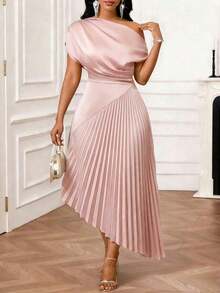Lady Elegant Women's Dress With Tie-Dye Print And Asymmetrical Neckline - 酒紅色 - 查看 12