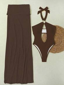 Traje de baño de una pieza de color sólido, sexy, con cuello halter y diseño calado, con falda larga, conjunto de bikini de dos piezas. - amarillo cremoso - Ver 8