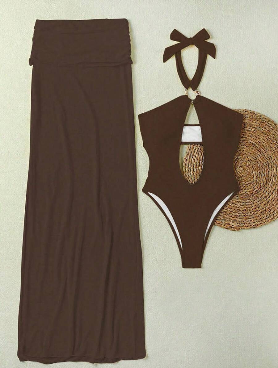 Traje de baño de una pieza de color sólido, sexy, con cuello halter y diseño calado, con falda larga, conjunto de bikini de dos piezas. - marrón - Ver 1