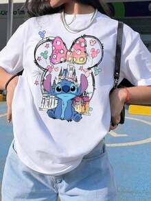 Officially Licensed, Women's Short-Sleeved Cotton T-Shirt With Round Neck, Featuring A Castle Graphic Print And Stitching, Regular Fit, Breathable And Lightweight, Suitable For Sports And Casual Wear, Ideal For Gifts, Suitable For Parties. - 白色 - 查看 1