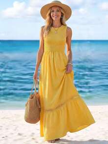 Vestido largo de encaje y parches casual para mujer, vestido de verano largo para mujer, ropa de verano, vestido de playa, atuendos de playa para mujer, vestidos casuales para mujer, vestidos casuales, vestidos largos casuales, atuendos de vacacio - Amarillo - Ver 8