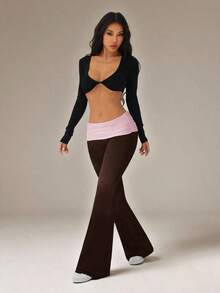 Pantalones acampanados con cintura plegable de color contrastante para mujer - Marrón - Ver 5