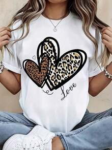 Camiseta con Estampado de Corazón de Leopardo Negro y Texto de Amor - Ropa Casual Urbana para Mujer, Perfecta para Uso Diario y Salidas - Blanco - Ver 7