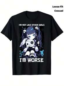 I'm Not Like Other Girls, I'm Worse - Gothic Grunge Anime T-Shirt - Black, Casual Loose Fit, With A Round Neck And Unique Graphic Design, Perfect For Anime And Streetwear Fans. Same Style For Men And Women. Short-Sleeved Printed T-Shirt For Summer 2026, 220G. | Exquisite Design | Loose And Comfortable | Easy To Match | - 黑色 - 查看 6