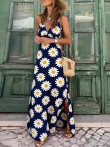 Women's Blue Dress With White Zigzag Print, Deep V-Neck, Thin Straps With Ruffles At The Shoulders, Long Skirt With Side Slit, Light And Flowing Fabric Ideal For Summer, Boho Beach Style Perfect For Vacations, Beach Parties And Trips To The Caribbean - 藏蓝色 - 查看 4
