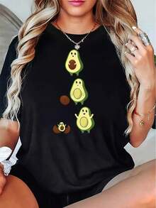 Vintage Women's Avocado Print T-Shirt - Cute Short Sleeve T-Shirt With Green And Brown Avocado Designs, Soft And Stretchy Texture, Casual Round Neck Blouse, Non-See-Through, Machine Washable For All Seasons (Avocado Top Women's T-Shirts>Basic) - 黑色 - 查看 1