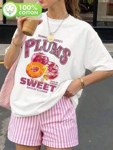 Vintage Short-Sleeved T-Shirt With A Round Neck And Plum Print, 100% Cotton, Modern And Versatile, For Women. T-Shirt With The Slogan "Summer Days, A Sweet Afternoon" For Fruit Lovers. Gift. Women's Clothing. Women's T-Shirt Top > Basic - 白色 - 查看 7