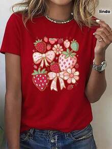 Women's & Men's Printed Short Sleeve T-Shirt, Round Neck, Strawberry Summer T-Shirt, Double Floral Bow, Cute Pet Theme Pattern, Casual And  Short Sleeve Top. Comfortable Basic Autumn T-Shirt, Printed Short Sleeve T-Shirt For Outdoor Activities. - 紅色 - 查看 1