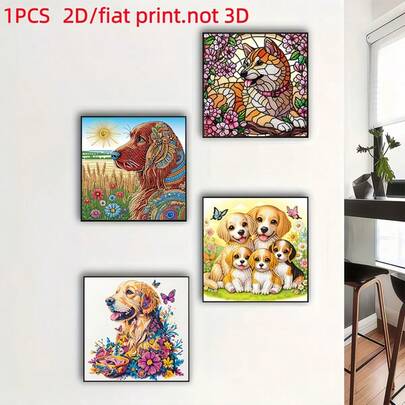 2D/平面单幅钻石画套装，成品，无框，狗狗图案，无纺布材质，饰以圆形水晶水钻，家居装饰，感恩节、母亲节礼物
